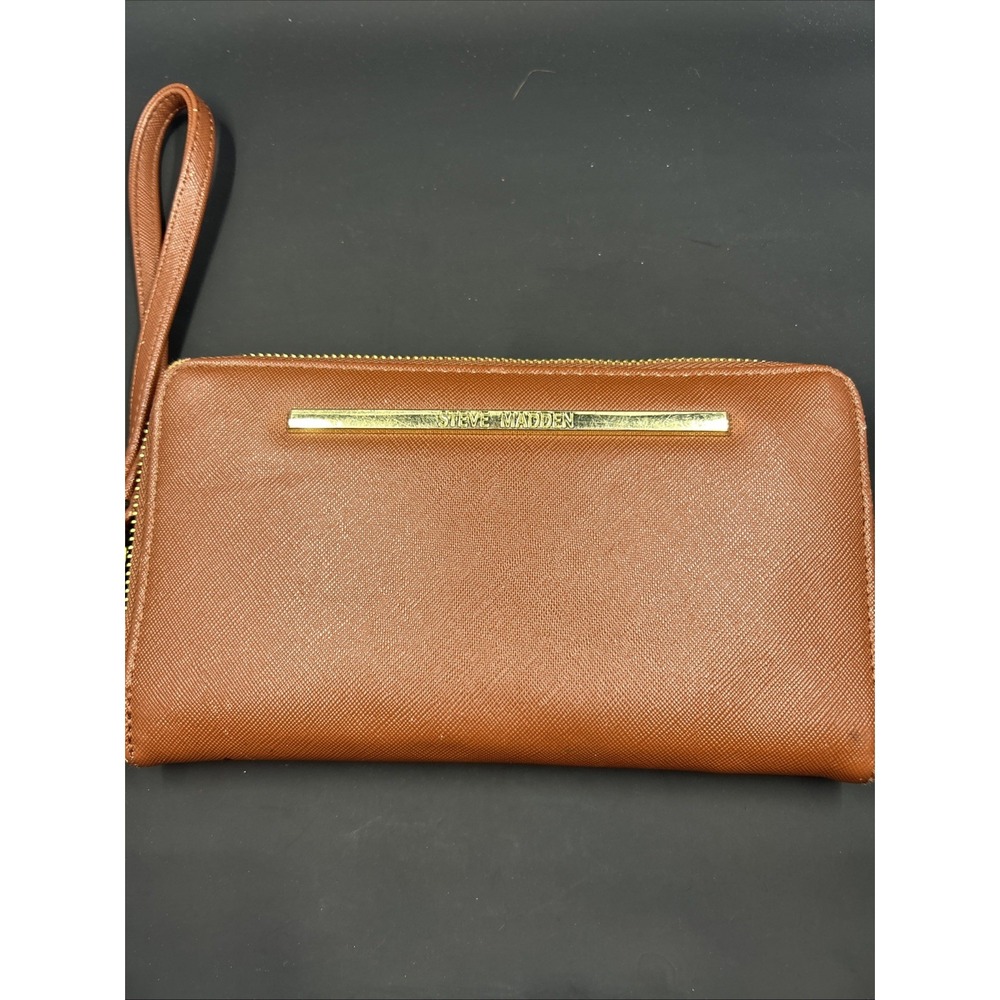 STEVE MADDEN Brown‎ Faux Leather silver Zip Around Wristlet Credit Card Wallet